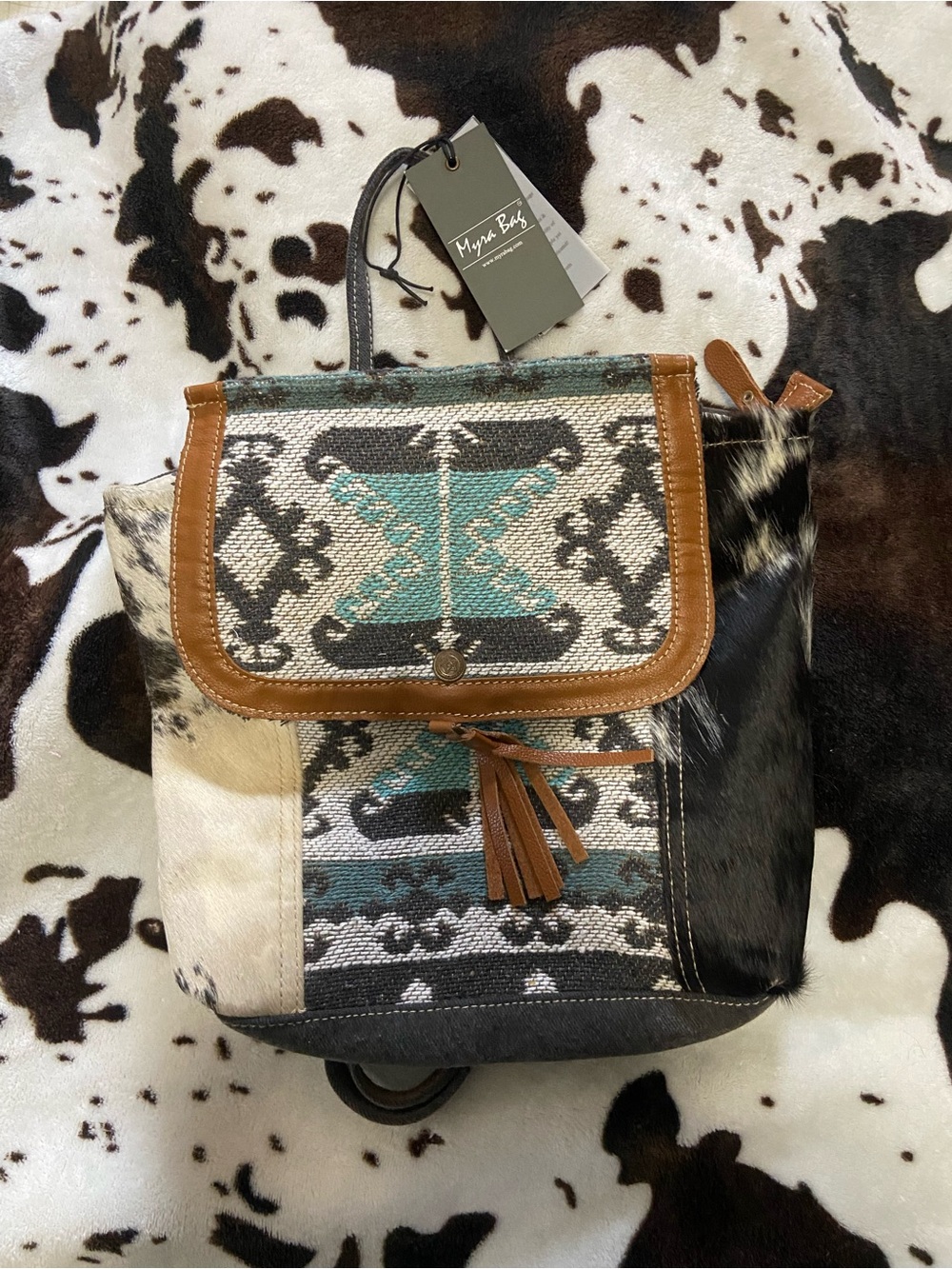 Myra Bag Turquoise Black White Patchwork Leather Backpack